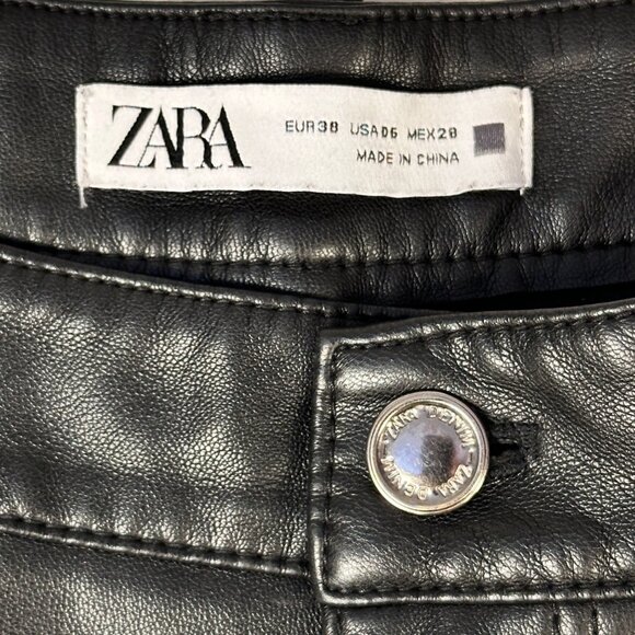 ZARA Black Pants 6 Straight Lag Faux Leather High Rise Slit Hem Stretchy Pants - Picture 4 of 11
